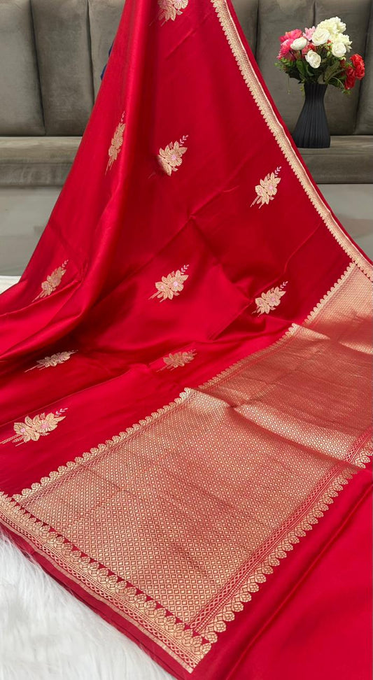 Pure Handloom Mashru Silk Zari Border Boota Banarasi Saree