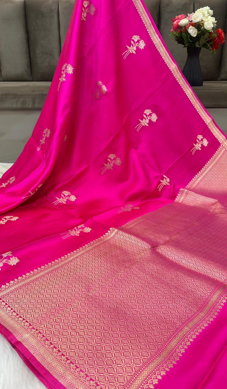 Pure Handloom Mashru Silk Zari Border Boota Banarasi Saree