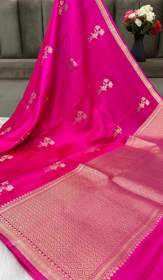 Pure Handloom Mashru Silk Zari Border Boota Banarasi Saree