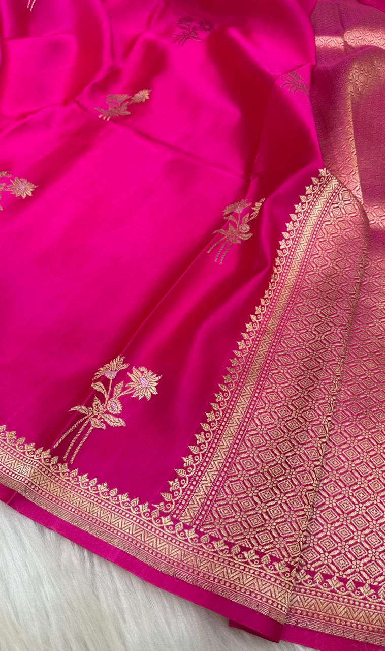 Pure Handloom Mashru Silk Zari Border Boota Banarasi Saree