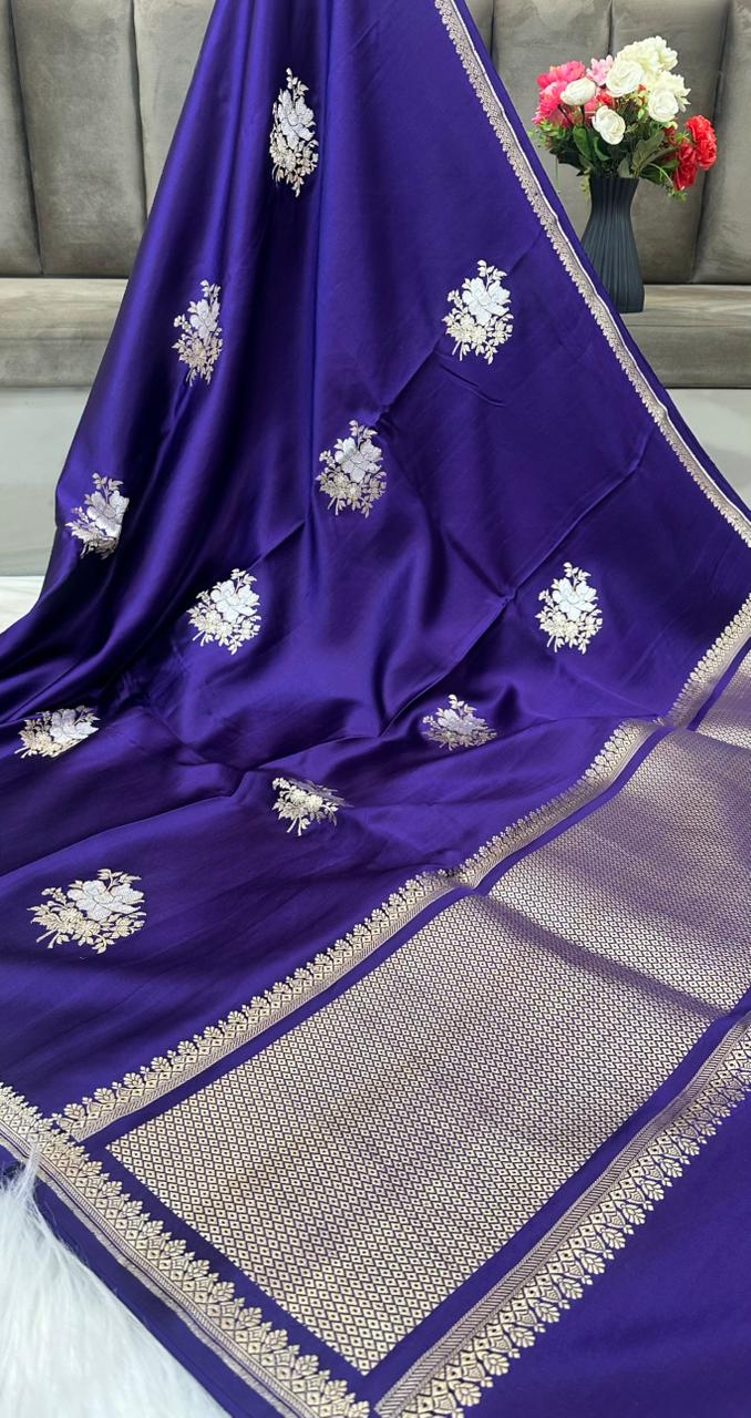 Pure Handloom Mashru Silk Zari Border Boota Banarasi Saree