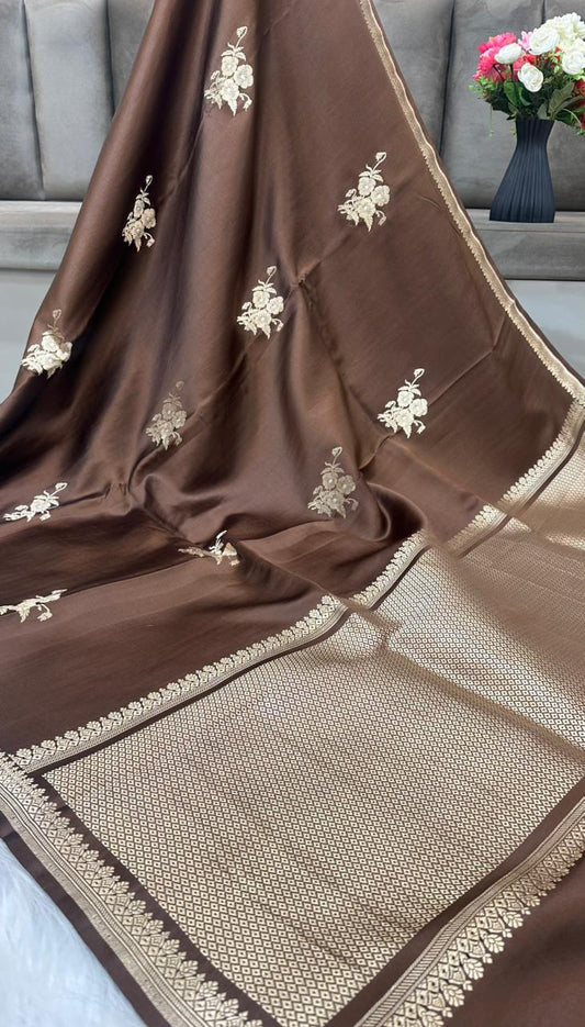 Pure Handloom Mashru Silk Zari Border Boota Banarasi Saree