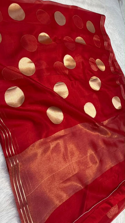 Banarasi Pure Organza Silk Zari Polka Dot Saree