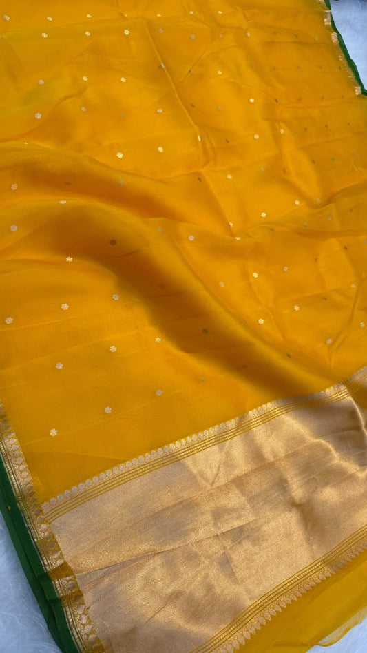 Handwoven Pure Organza Kadhua Buti Contrast Bewar Saree