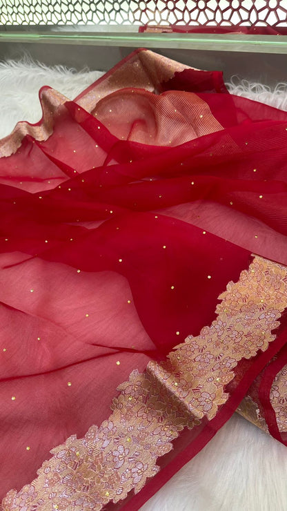 Pure Banarasi Organza Silk Zari Border Saree