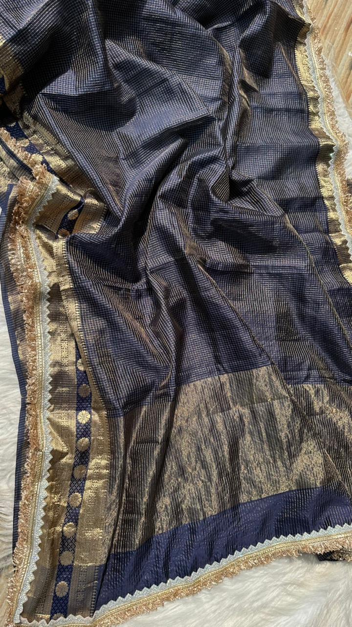 Pure Mango Silk Checks  Gota Patti Work Light Weight Saree