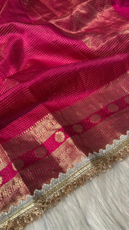 Pure Mango Silk Checks  Gota Patti Work Light Weight Saree