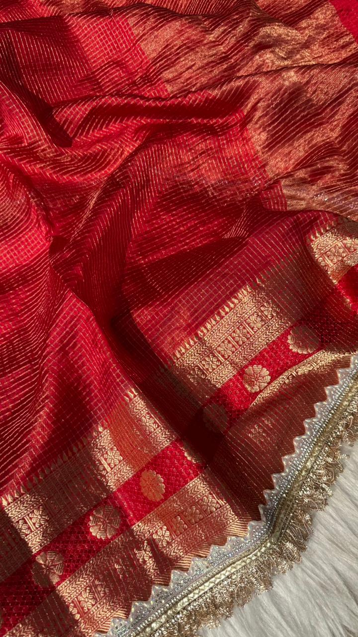 Pure Mango Silk Checks  Gota Patti Work Light Weight Saree