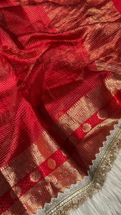 Pure Mango Silk Checks  Gota Patti Work Light Weight Saree