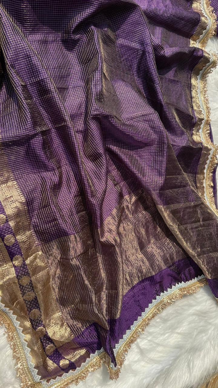Pure Mango Silk Checks  Gota Patti Work Light Weight Saree