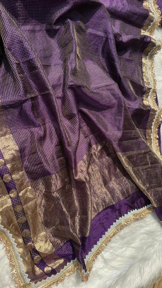 Pure Mango Silk Checks  Gota Patti Work Light Weight Saree