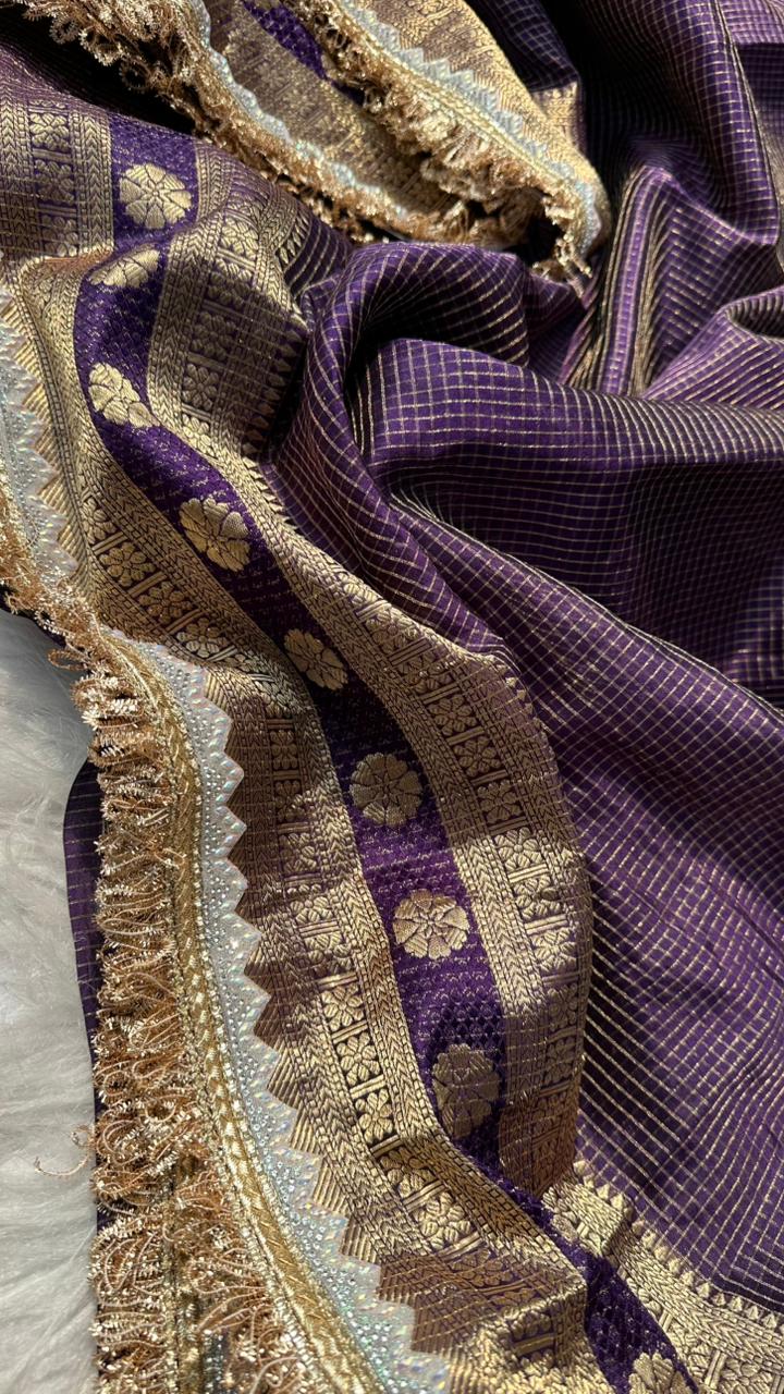 Pure Mango Silk Checks  Gota Patti Work Light Weight Saree