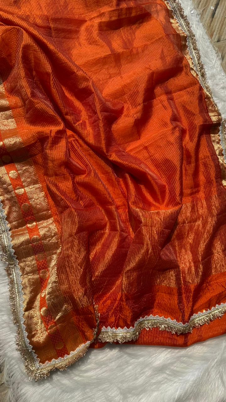 Pure Mango Silk Checks  Gota Patti Work Light Weight Saree
