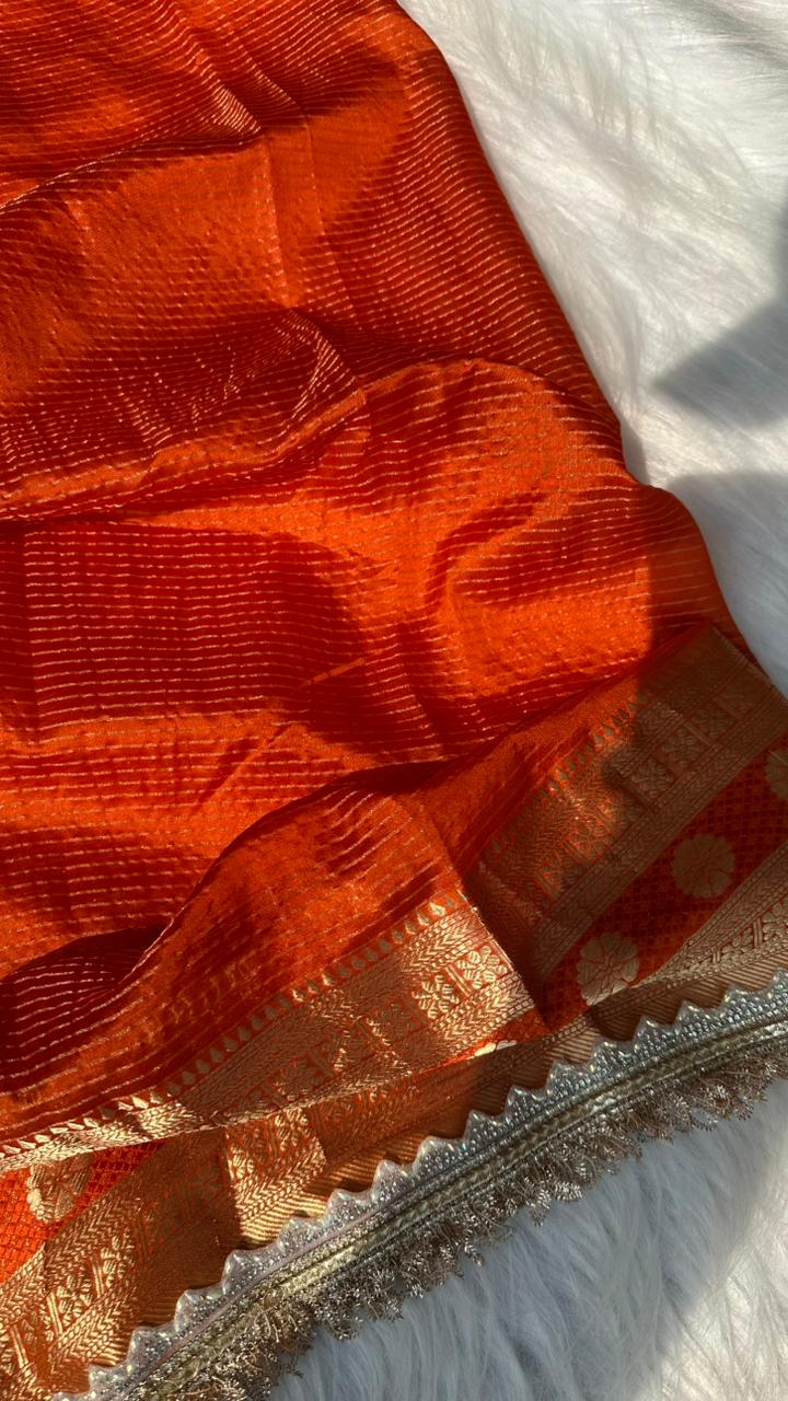 Pure Mango Silk Checks  Gota Patti Work Light Weight Saree
