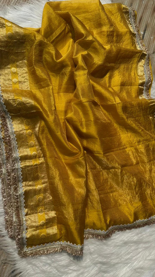 Pure Mango Silk Checks  Gota Patti Work Light Weight Saree