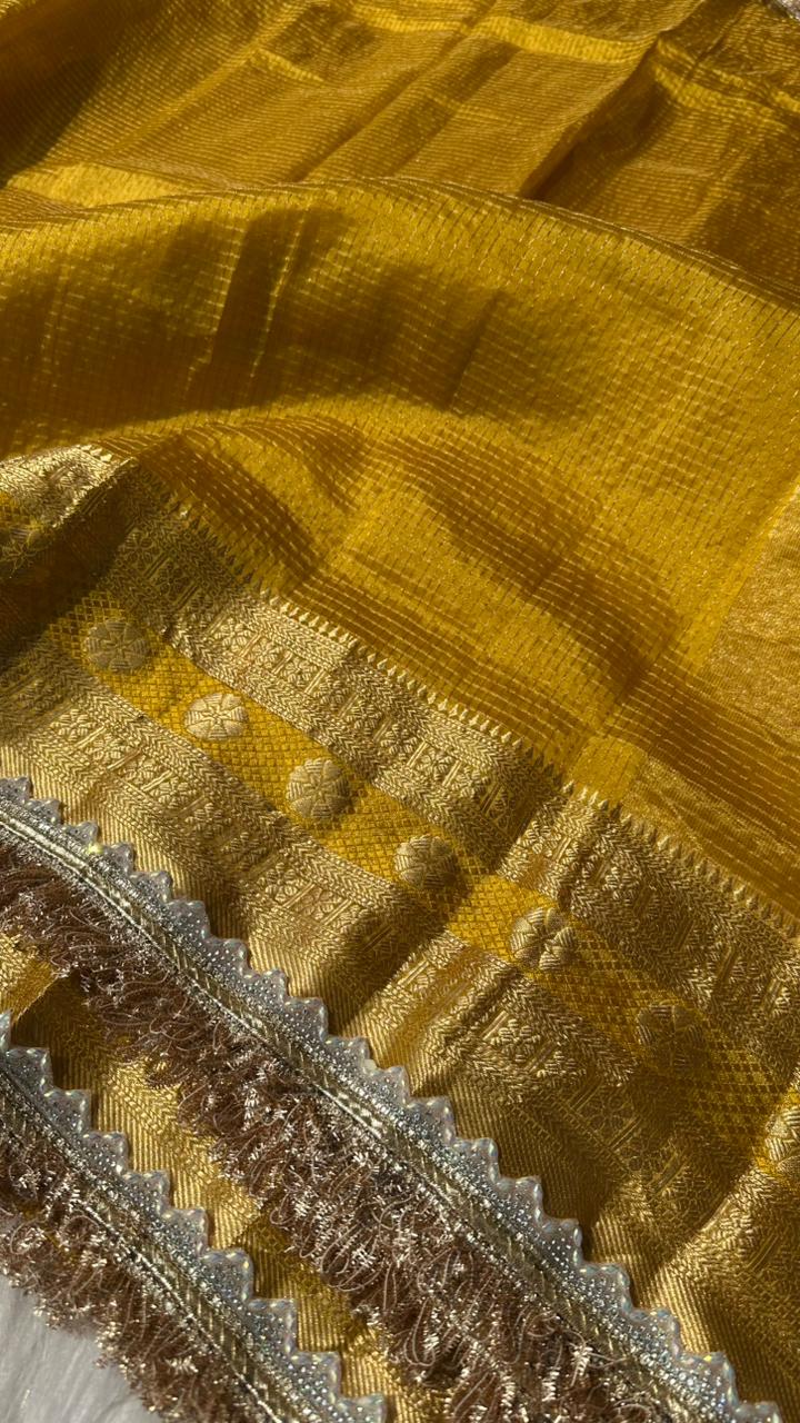 Pure Mango Silk Checks  Gota Patti Work Light Weight Saree