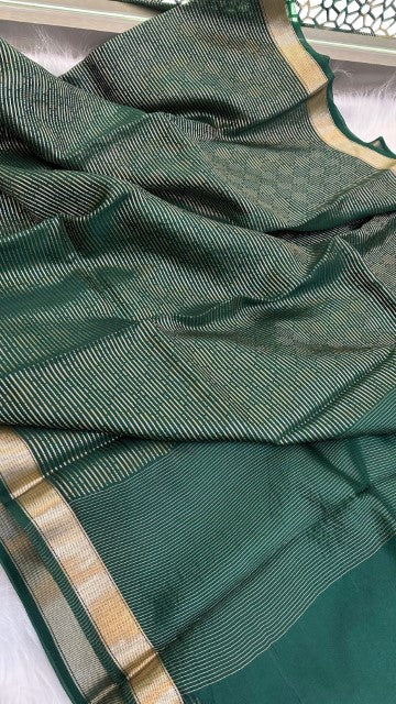 Bottle Green Pure organza Silk Zari Border saree