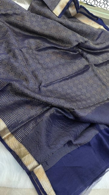 Navy Blue Pure organza Silk Zari Border saree