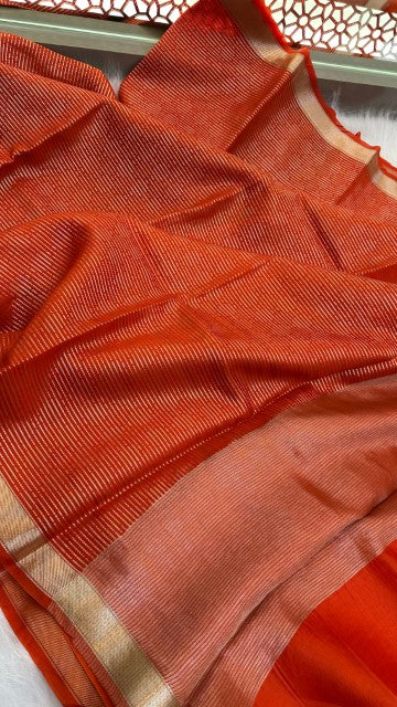 Orange Pure organza Silk Zari Border saree