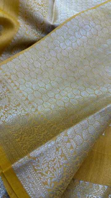 Yellow Pure Tasar silk Zari Border Boota saree