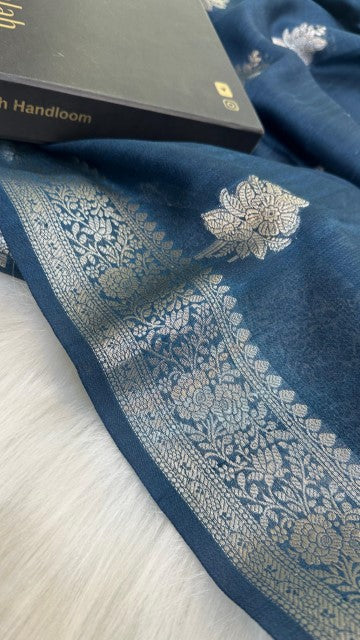 Navy Blue Pure Tasar silk Zari Border Boota saree
