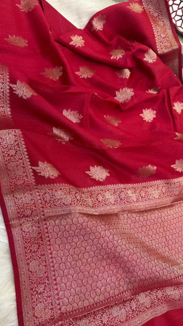Red Pure Tasar silk Zari Border Boota saree