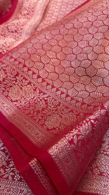 Red Pure Tasar silk Zari Border Boota saree