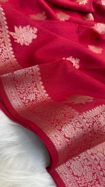 Red Pure Tasar silk Zari Border Boota saree