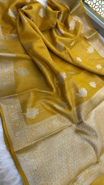 Yellow Pure Tasar silk Zari Border Boota saree
