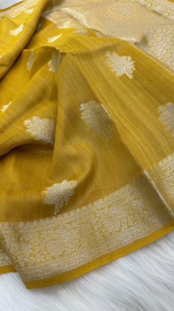 Yellow Pure Tasar silk Zari Border Boota saree