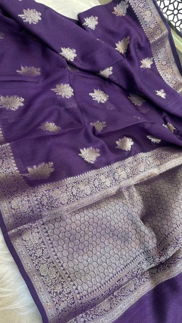 Purple Pure Tasar silk Zari Border Boota saree