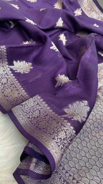 Purple Pure Tasar silk Zari Border Boota saree