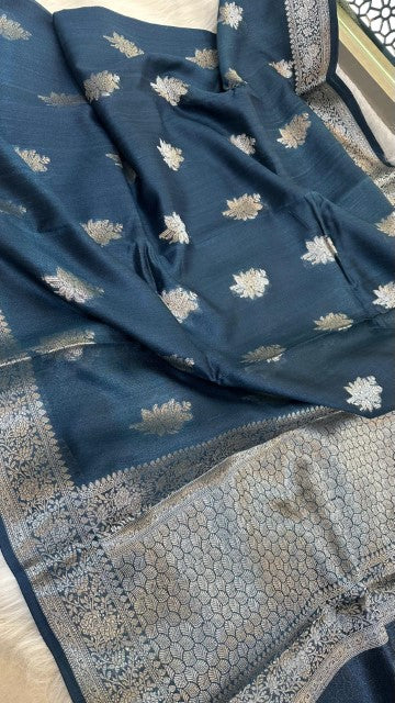 Navy Blue Pure Tasar silk Zari Border Boota saree