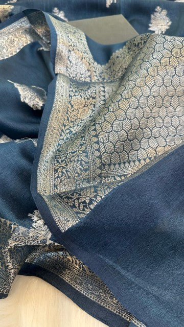 Navy Blue Pure Tasar silk Zari Border Boota saree