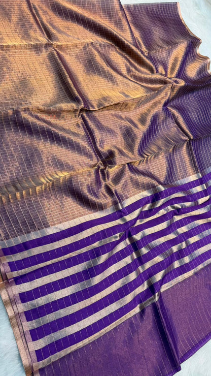 Pure Banarasi Checks Tissue Silk Munga Pallu Lace Border Saree