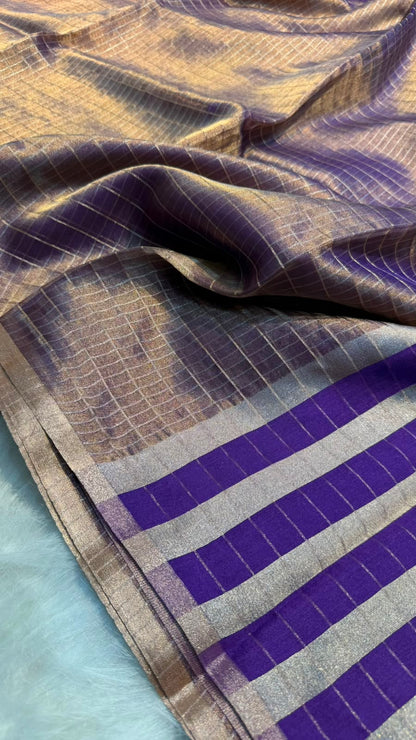 Pure Banarasi Checks Tissue Silk Munga Pallu Lace Border Saree