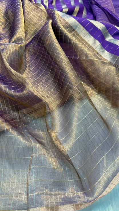 Pure Banarasi Checks Tissue Silk Munga Pallu Lace Border Saree