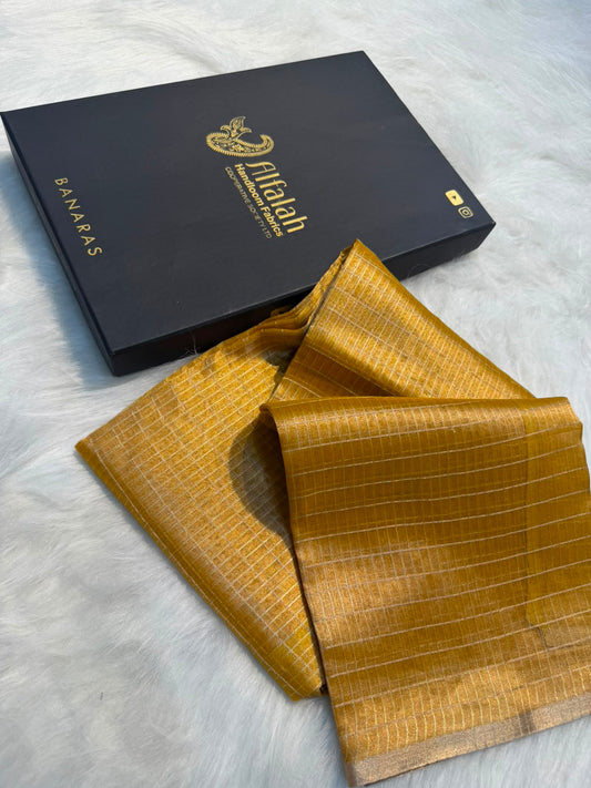 Pure Banarasi Checks Tissue Silk Munga Pallu Lace Border Saree