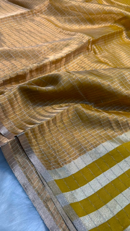 Pure Banarasi Checks Tissue Silk Munga Pallu Lace Border Saree