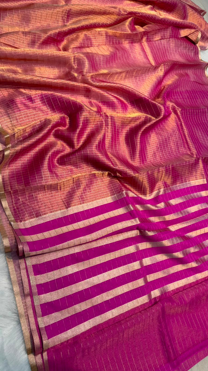 Pure Banarasi Checks Tissue Silk Munga Pallu Lace Border Saree