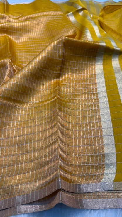 Pure Banarasi Checks Tissue Silk Munga Pallu Lace Border Saree