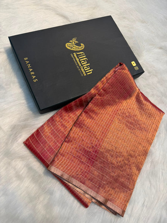 Pure Banarasi Checks Tissue Silk Munga Pallu Lace Border Saree