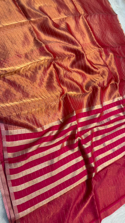 Pure Banarasi Checks Tissue Silk Munga Pallu Lace Border Saree