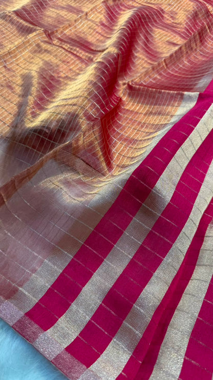 Pure Banarasi Checks Tissue Silk Munga Pallu Lace Border Saree