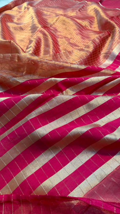Pure Banarasi Checks Tissue Silk Munga Pallu Lace Border Saree