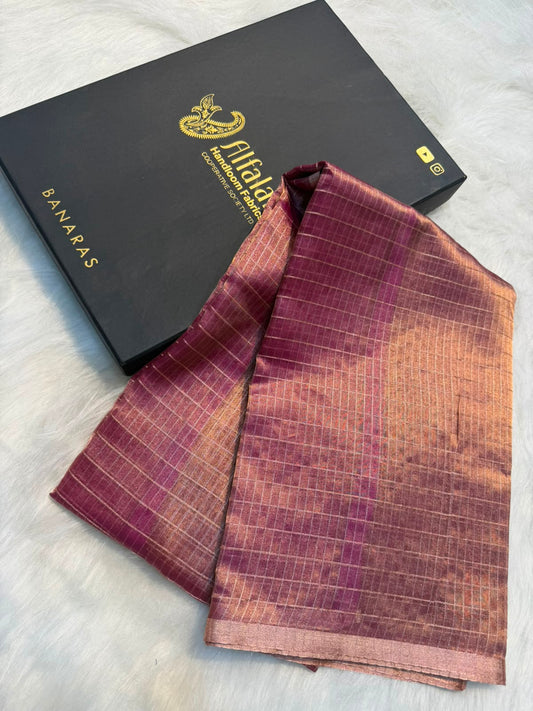 Pure Banarasi Checks Tissue Silk Munga Pallu Lace Border Saree