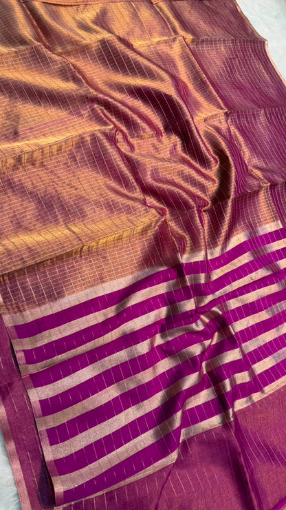 Pure Banarasi Checks Tissue Silk Munga Pallu Lace Border Saree