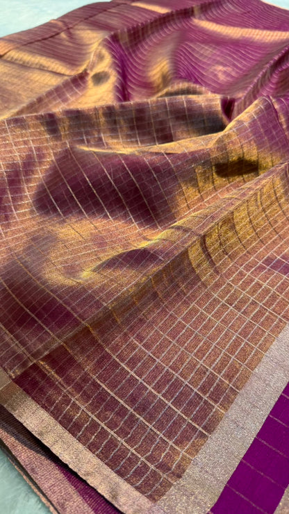 Pure Banarasi Checks Tissue Silk Munga Pallu Lace Border Saree