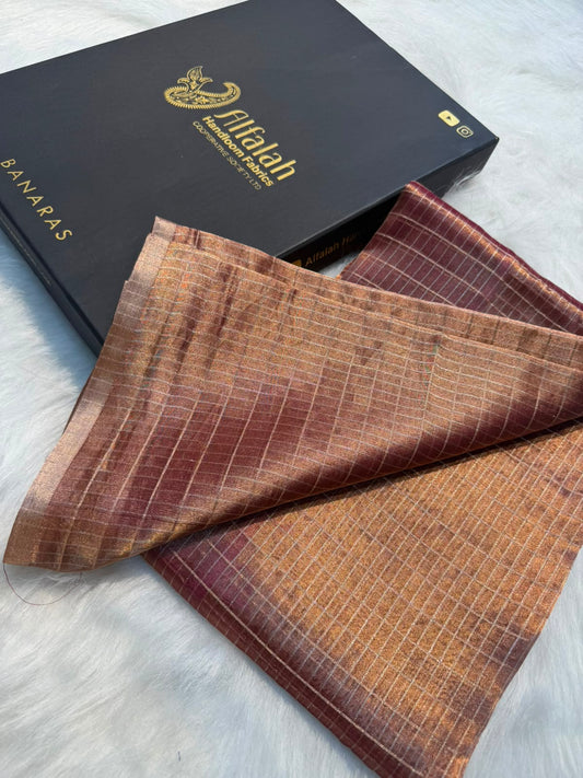 Pure Banarasi Checks Tissue Silk Munga Pallu Lace Border Saree