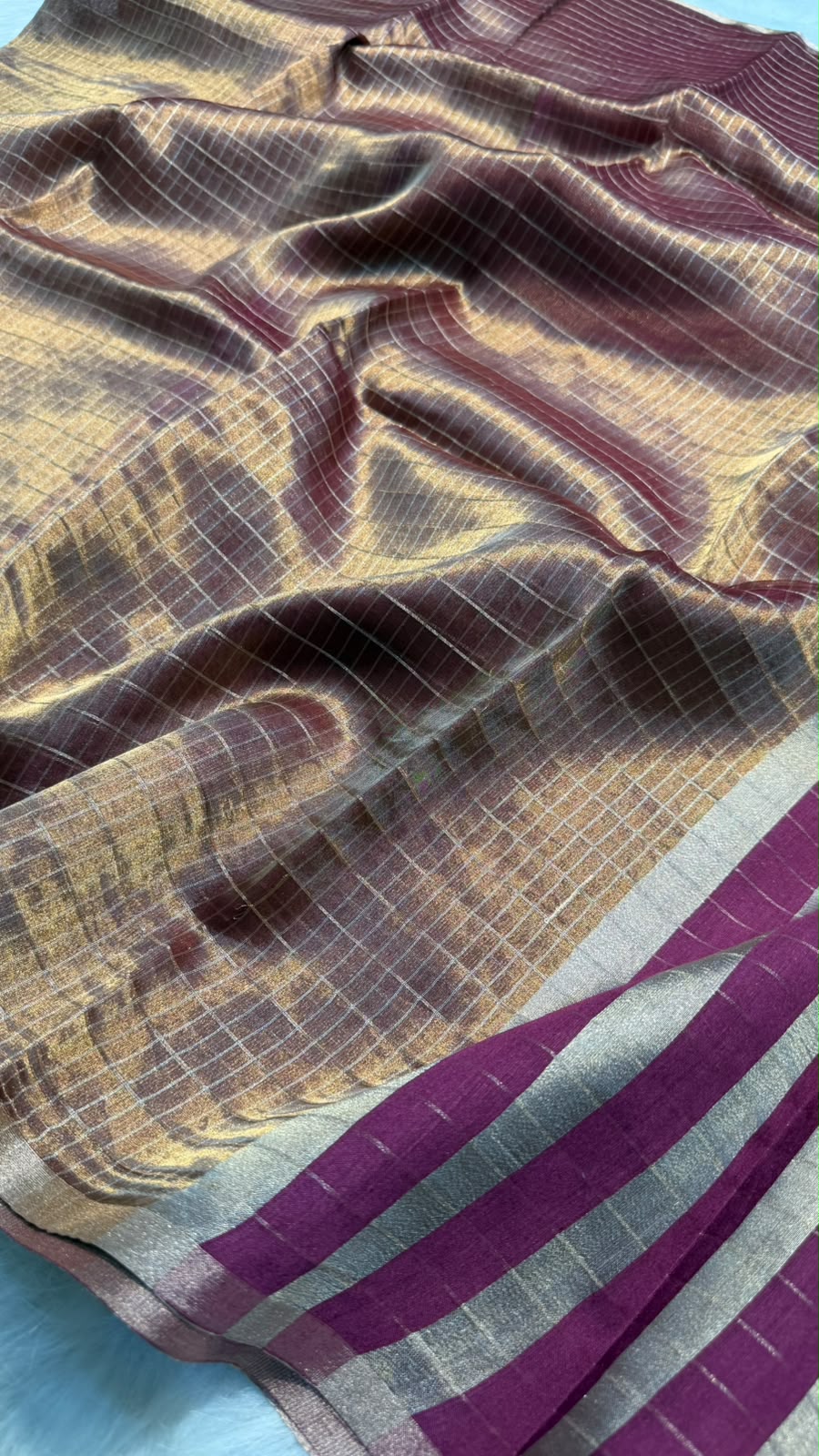 Pure Banarasi Checks Tissue Silk Munga Pallu Lace Border Saree